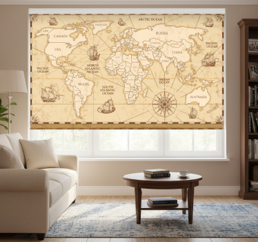 Tenda a rullo beige design mappa del mondo vintage - TenStickers