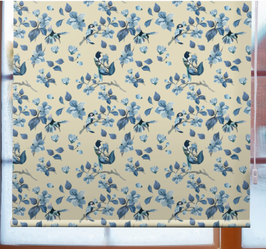 Tenda a rullo fiori e piante uccelli e foglie blu - TenStickers