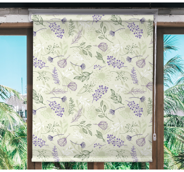 Tenda a rullo fiori Fiori viola su sfondo verde - TenStickers