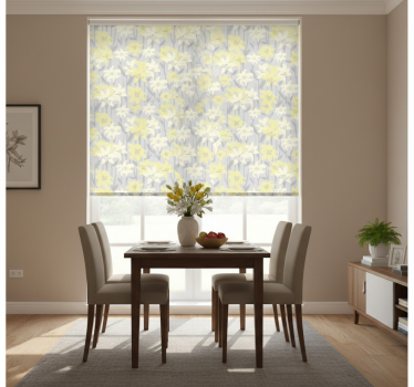 Tenda a rullo sala da pranzo fiori gialli su sfondo grigio - TenStickers