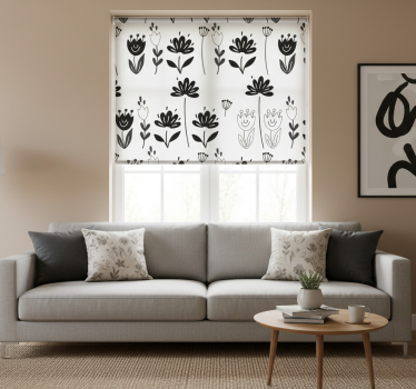Tenda a rullo soggiorno fiori bianchi e neri - TenStickers