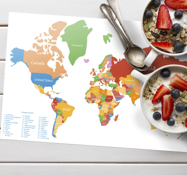 Tovaglietta americana originale Mappa del mondo colorato - TenStickers