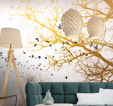 Fotomurali natura rami d'oro con uccelli - TenStickers