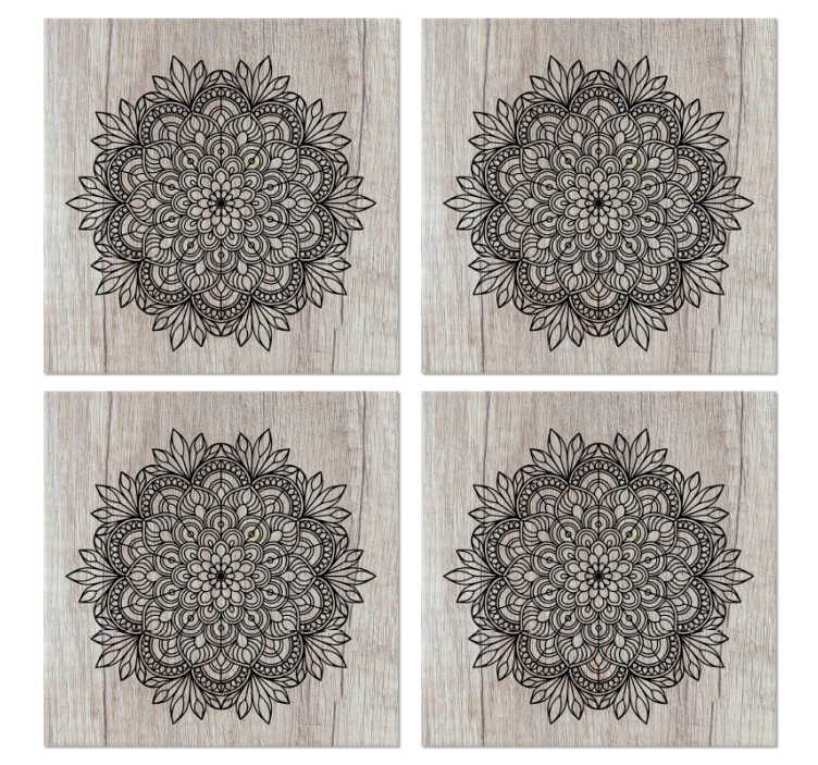 Sottobicchiere  tema piastrelle Mandala nero sul legno - TenStickers