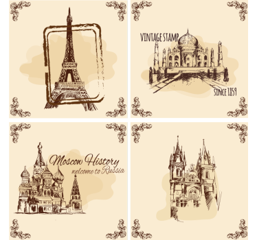 Sottobicchieri vintage illustrazioni di monumenti storici - TenStickers