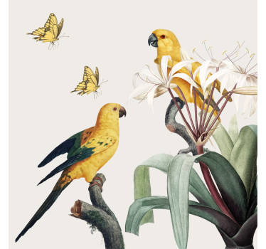 Poster da soggiorno pappagalli con fiori gialli e farfalle - TenStickers