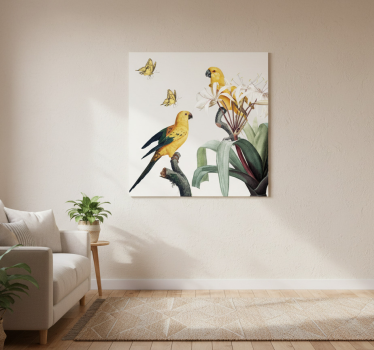 Poster da soggiorno pappagalli con fiori gialli e farfalle - TenStickers