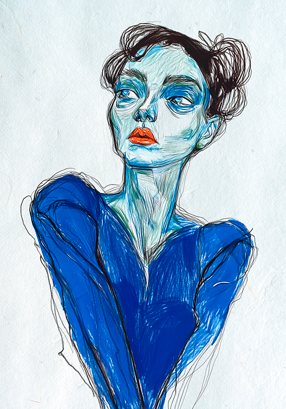 Poster disegno artistico signora in costume blu - TenStickers