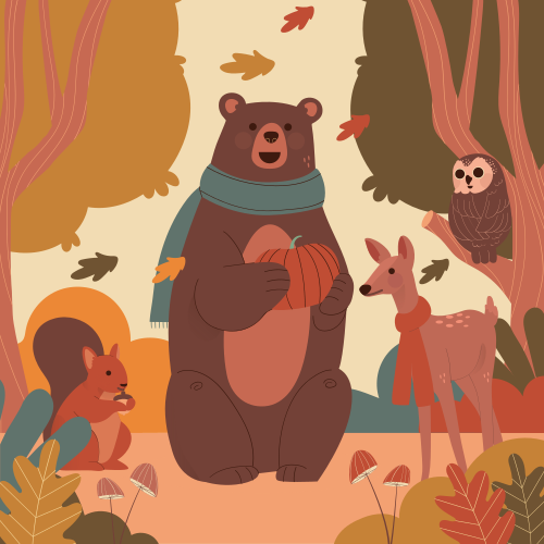 Poster cameretta animali felici nel bosco autunnale - TenStickers