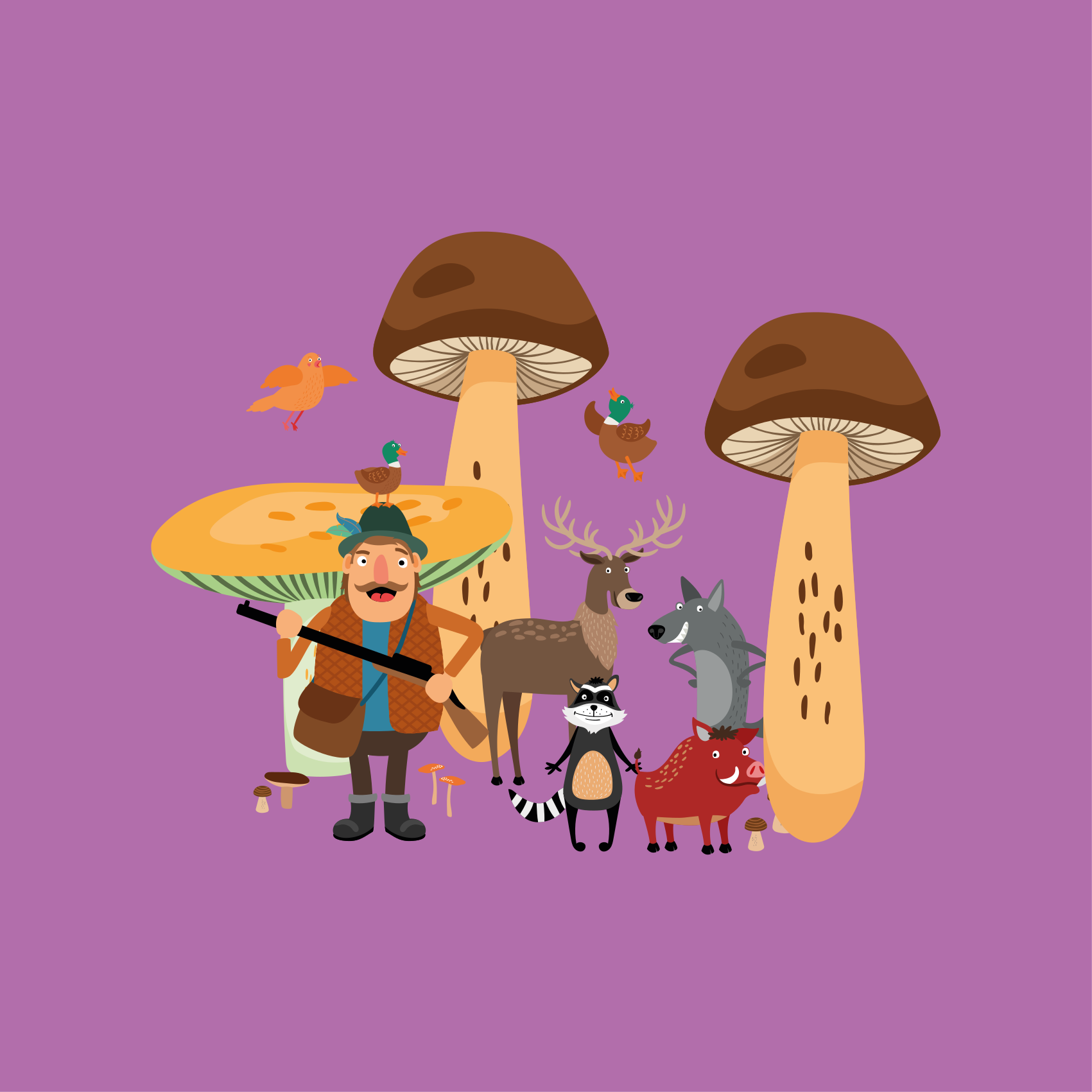 Poster cameretta uccelli nel bosco di funghi - TenStickers