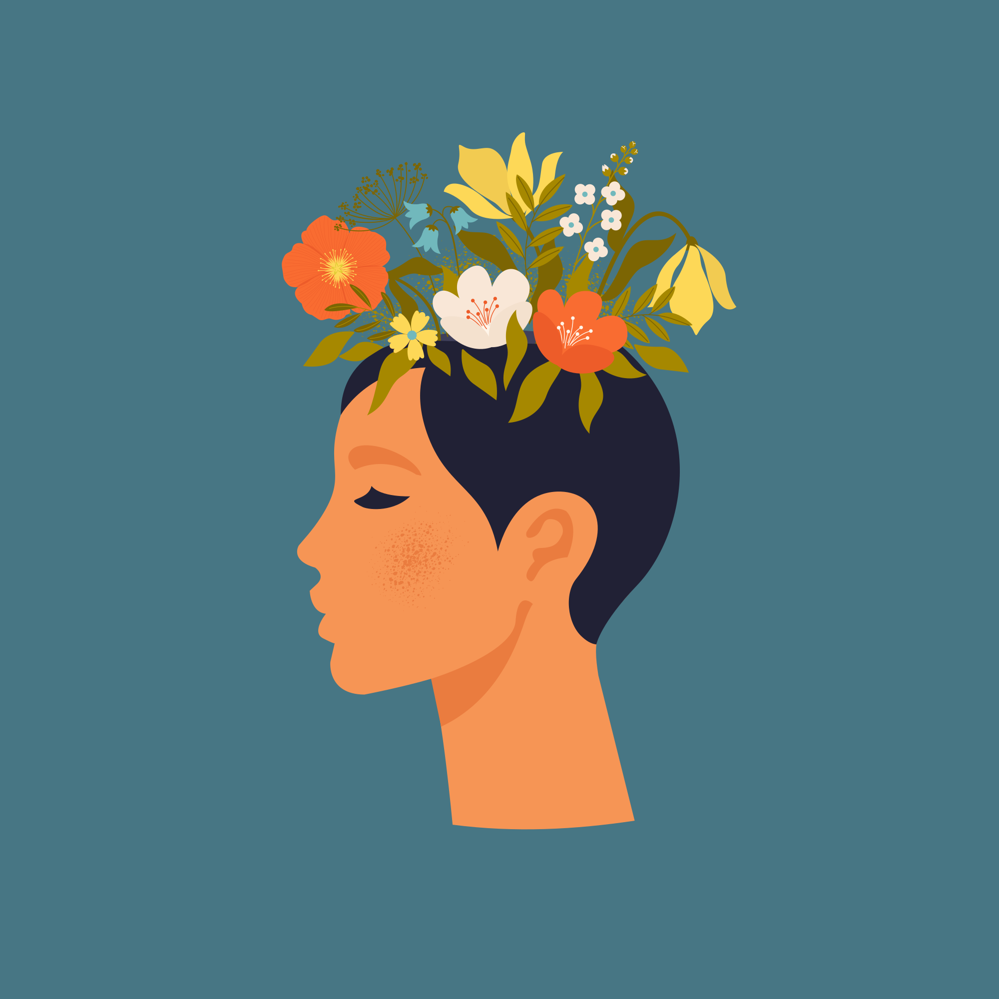 Poster con fiori donna astratta su sfondo blu - TenStickers