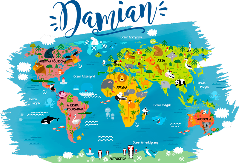 Mappamondo poster animali con nomi in polacco - TenStickers