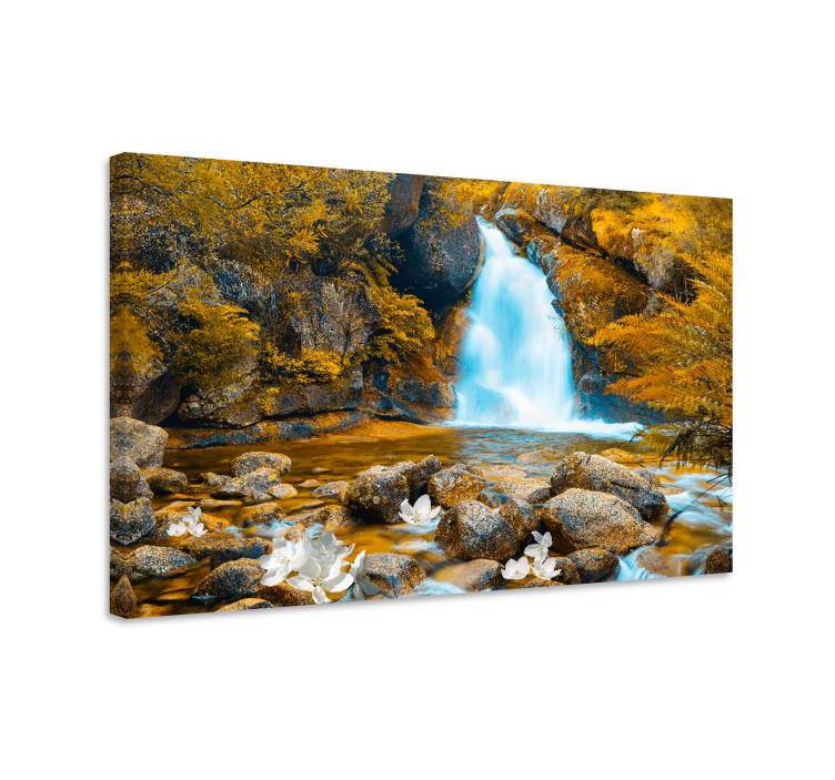 Dipinto con fiori e piante paesaggio di cascate serene - TenStickers