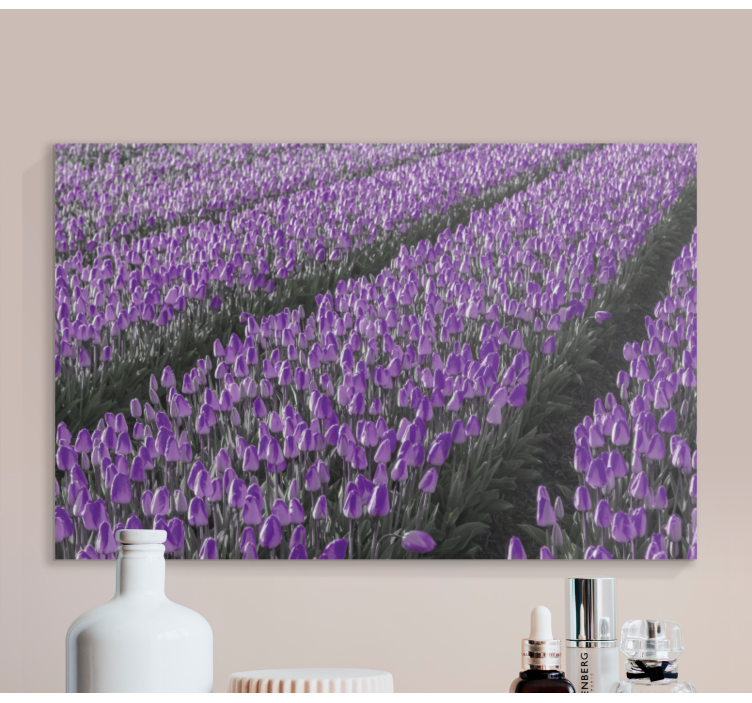 Dipinto con fiori e piante campo di tulipani viola - TenStickers