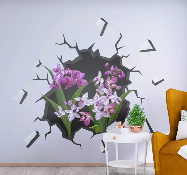 Adesivo murale illusione orchidee dal buco - TenStickers