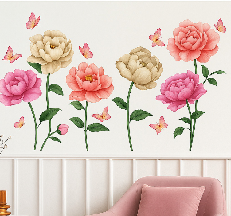 Adesivo murale soggiorno fiori e farfalle colorati - TenStickers