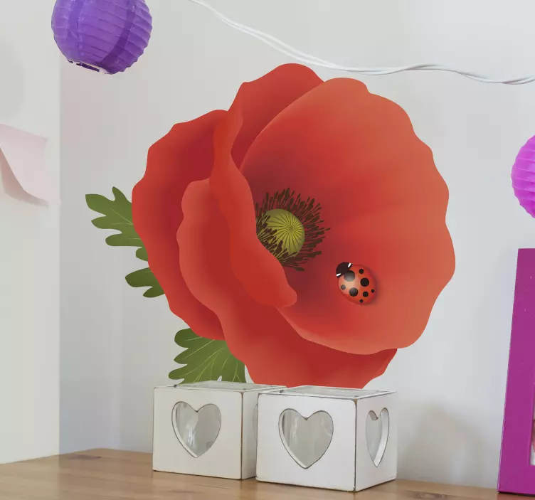 Adesivo fiore papavero vibrante con coccinella - TenStickers