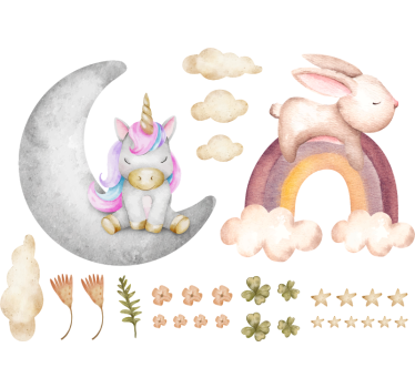 Carta adesiva per mobile acquerello coniglio e unicorno - TenStickers
