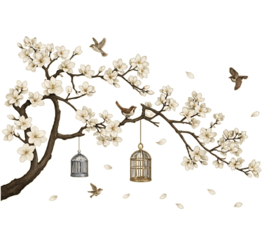 Adesivo murale soggiorno albero floreale con uccelli - TenStickers