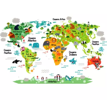 Adesivo mappamondo con relativi animali - TenStickers
