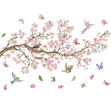 Adesivo per finestra fiori di ciliegio e uccelli - TenStickers