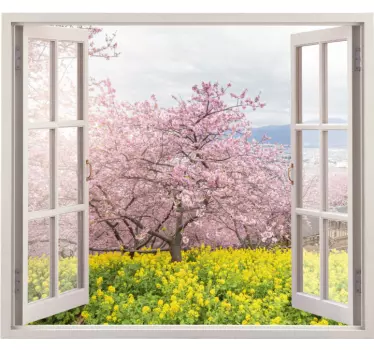 Adesivo murale soggiorno vista dei fiori di ciliegio - TenStickers