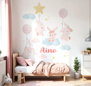 Adesivo murale palloncini rosa con coniglietti - TenStickers