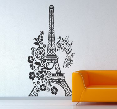 Adesivo decorativo Torre Eiffel ,fiori e musica - TenStickers