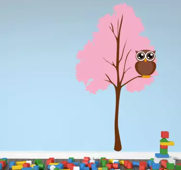Adesivo murale albero rosa con gufo - TenStickers