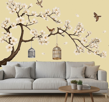 Adesivo murale soggiorno albero floreale con uccelli - TenStickers