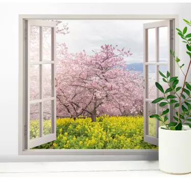 Adesivo murale soggiorno vista dei fiori di ciliegio - TenStickers