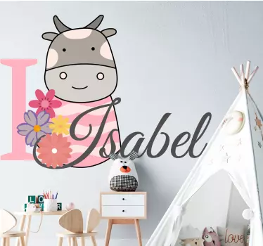 Adesivo cameretta neonato mucca con nome - TenStickers