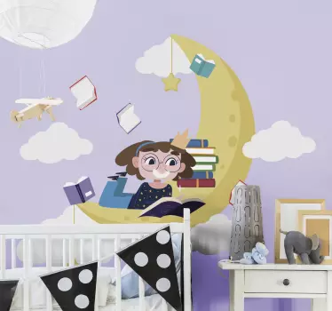 Adesivo per bambini ragazza che legge luna - TenStickers