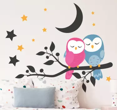 Adesivo per bambini scena notturna con gufi carini - TenStickers