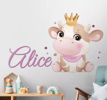 Adesivo per bambini mucca rosa con nome - TenStickers