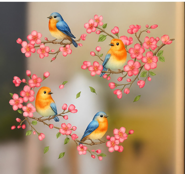 Adesivo per finestra fiori rosa e uccelli - TenStickers