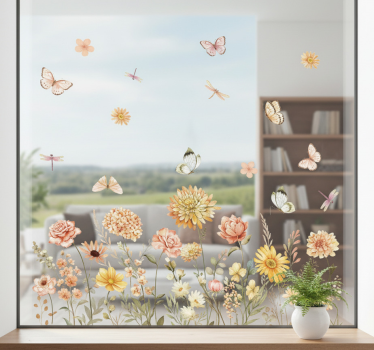 Adesivo per finestra prato fiorito con farfalle - TenStickers