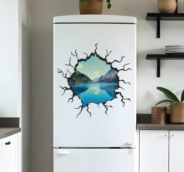 Adesivo per frigo 3D buco vista lago e montagne - TenStickers