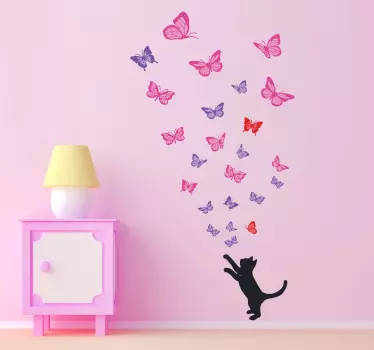 Adesivo muro gatto farfalle color - TenStickers