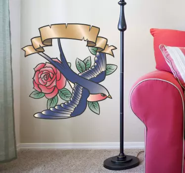 Sticker decorativo tatuaggio rondine e rosa - TenStickers