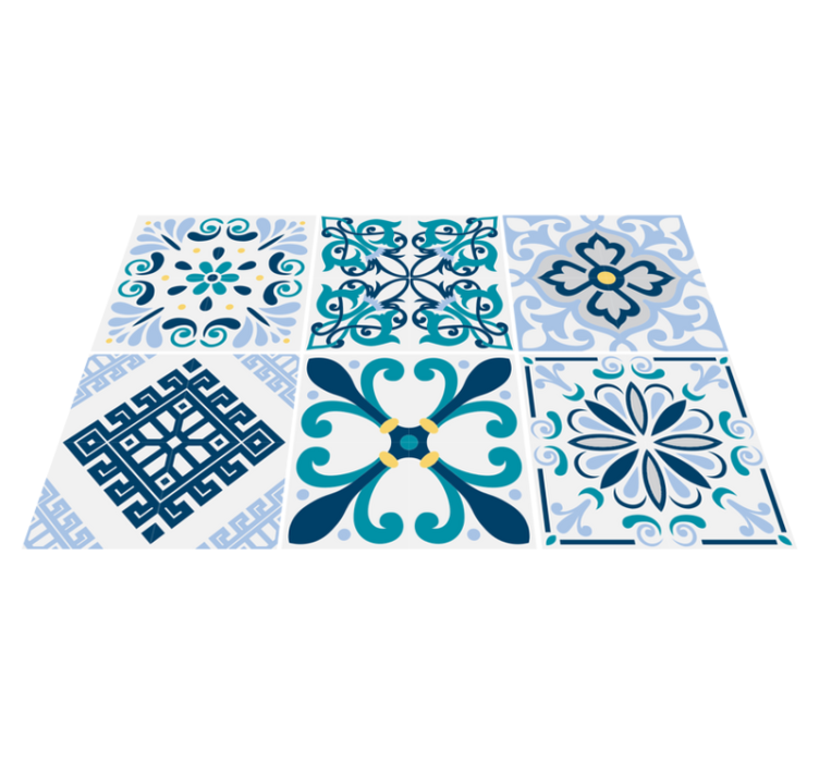 Tappeto pvc cucina piastrelle fiori blu - TenStickers