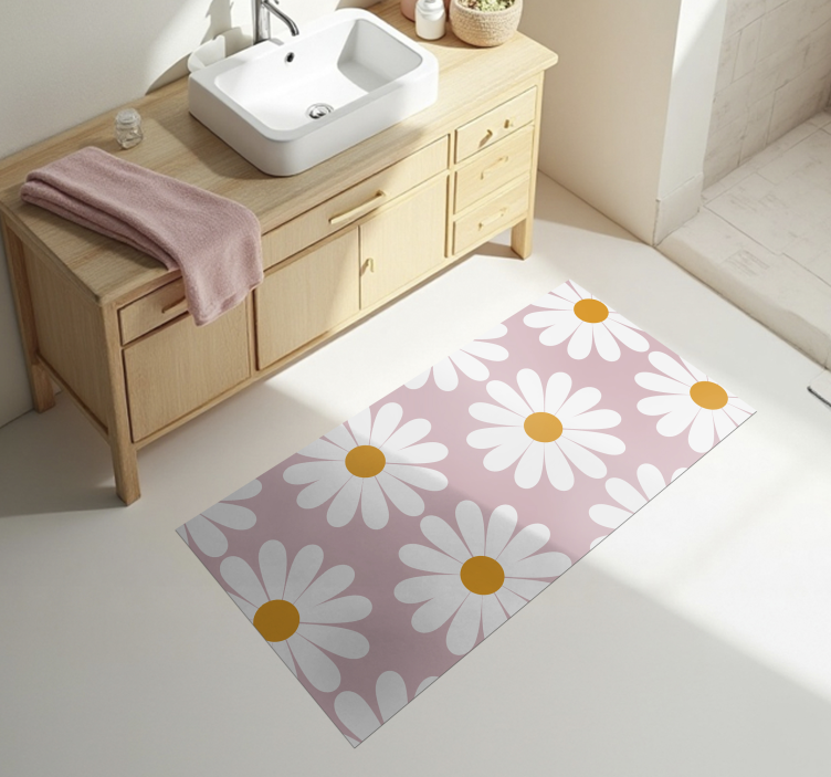 Tappeto vinile bagno margherita con sfondo rosa - TenStickers
