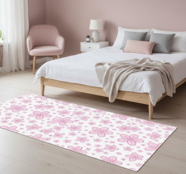 Tappeto vinile camera da letto fiori rosa su sfondo bianco - TenStickers