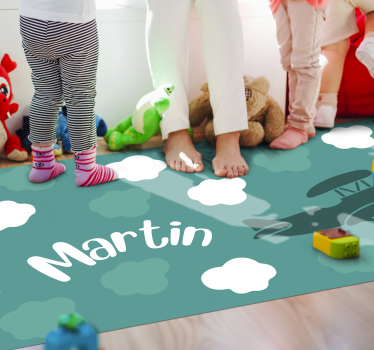 Tappeto vinile per bambini nuvole e aereo con nome - TenStickers