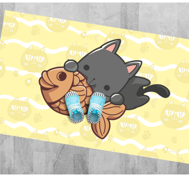 Tappeto vinile animali gatto cucciolo che mangia pesce - TenStickers