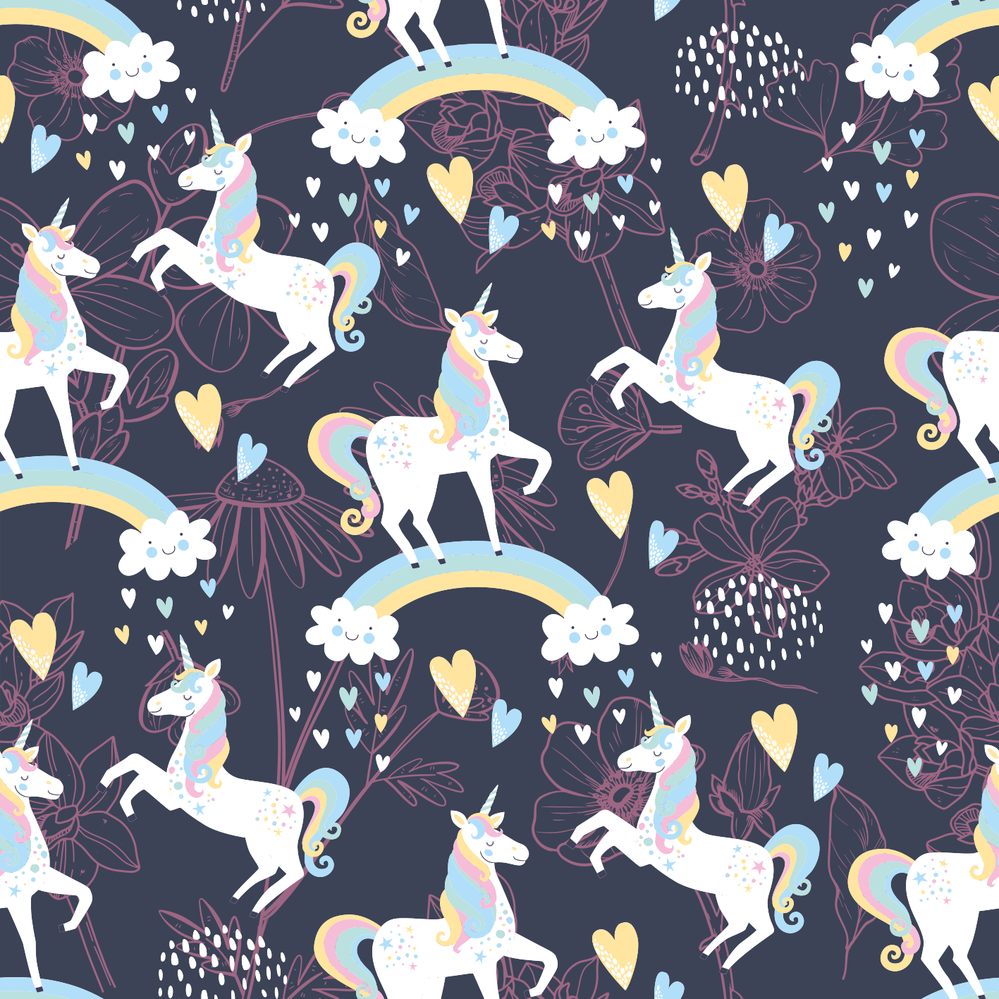 Tappeto vinile animali unicorni rosa con fiori - TenStickers