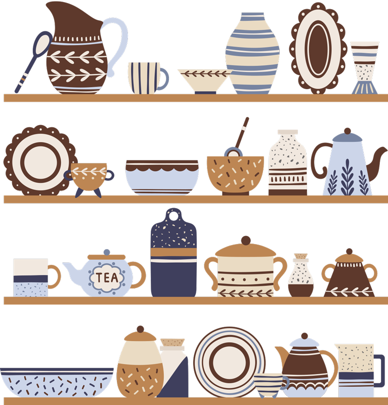 Tappeto pvc cucina mensole con stoviglie - TenStickers