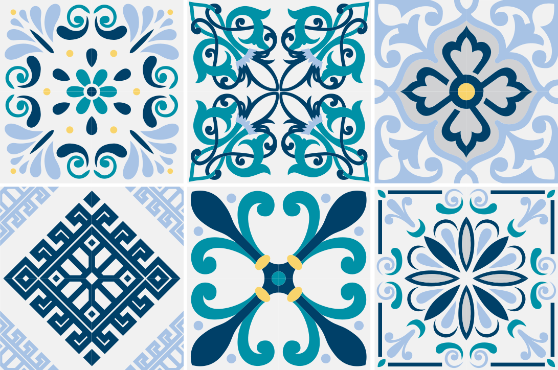 Tappeto pvc cucina piastrelle fiori blu - TenStickers