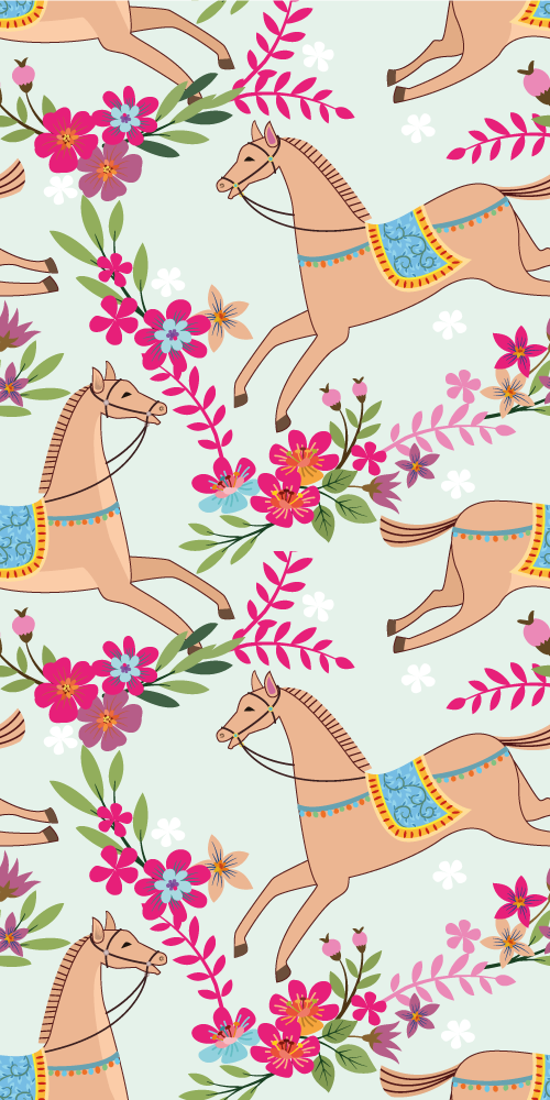 Tappeto vinile camera da letto motivo cavalli fiori rosa - TenStickers