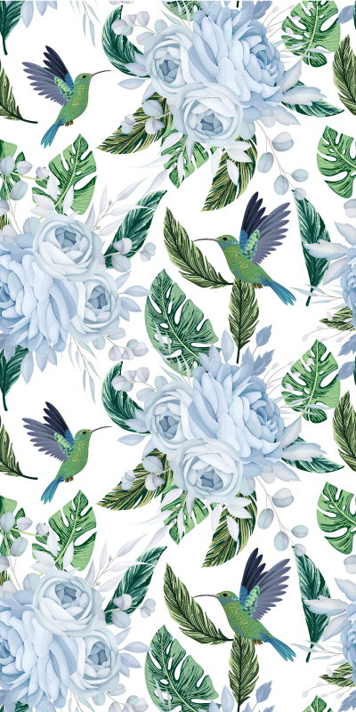 Tappeto pvc cucina fiori blu giardino con uccelli - TenStickers